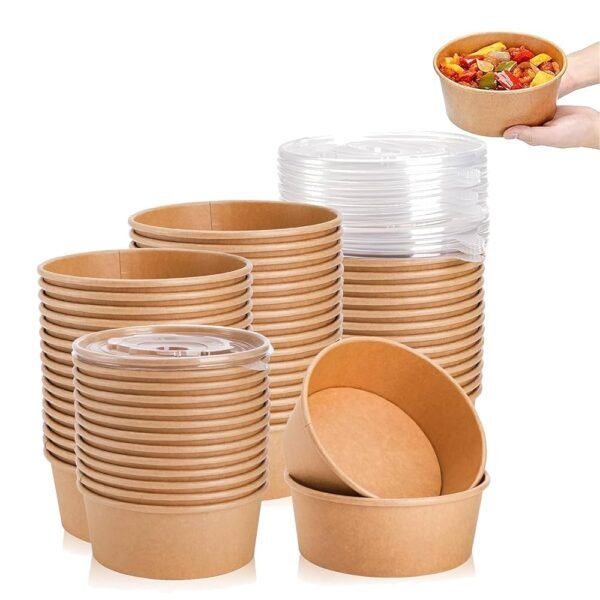 Lot de 12 bols jetables en papier kraft avec couvercle